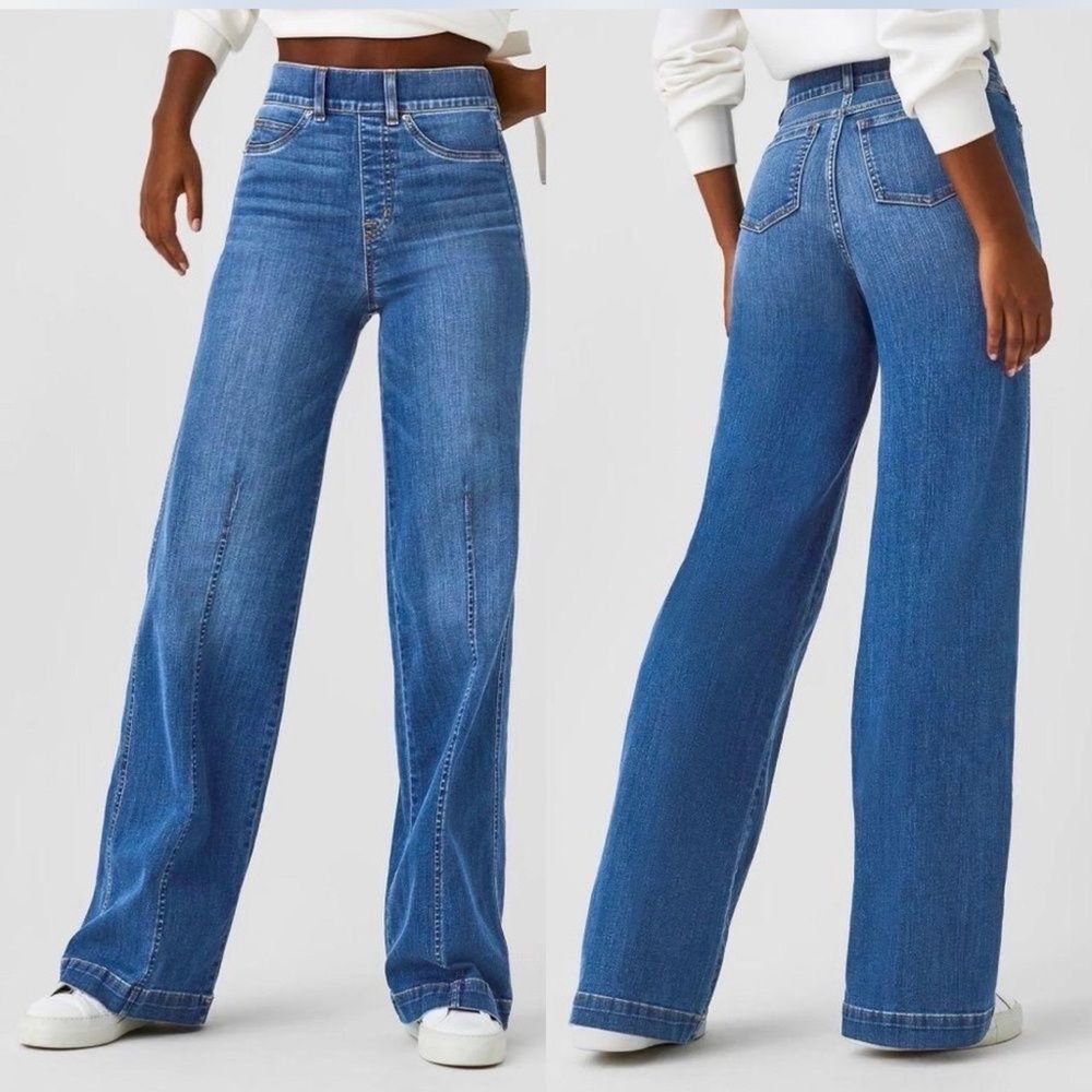 NWT - Spanx - Elastic Waist Wide Leg Jeans with Front Seam Detail - Small Tall